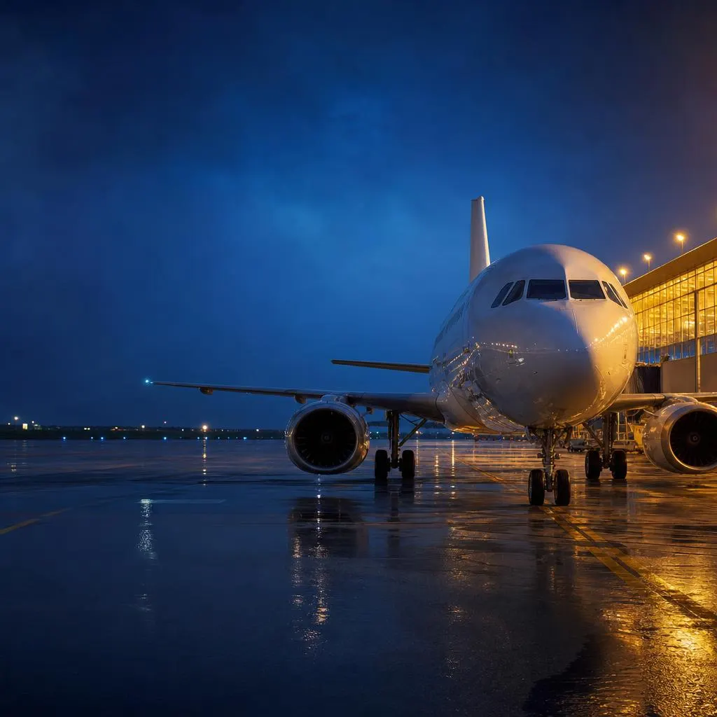 Passenger jet on a wet apron at dusk beside a lit terminal
